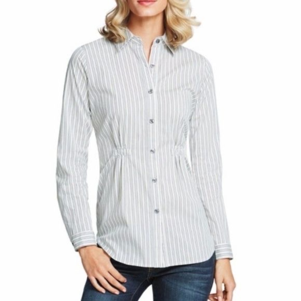 White and blue CAbi pinstripe shirt #974. Size medium.